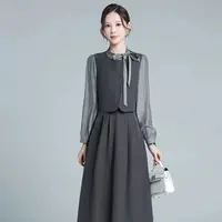 【Y3626】新款时尚百搭连衣裙拼接撞色遮肉显瘦裙子