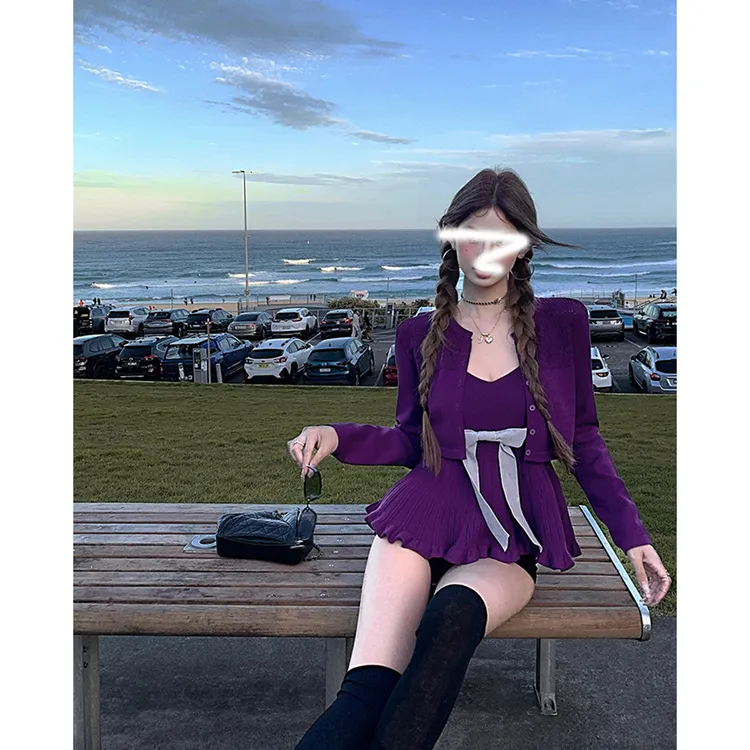 伊妮少女 辣妹长袖针织开衫V领修身蝴蝶结吊带背心上衣套装女秋冬