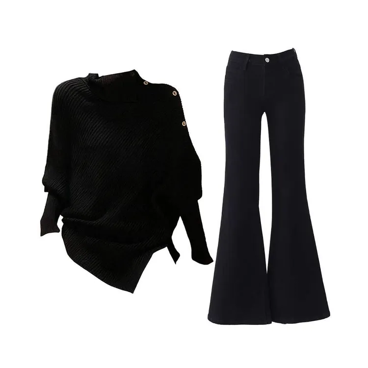 港风法式复古慵懒风高领不规则针织毛衣高腰百搭微喇裤早秋套装女