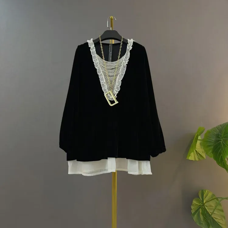 套头款丝绒拼接蕾丝长袖宽松型花苞袖大码假两件洋气千金风打底衫