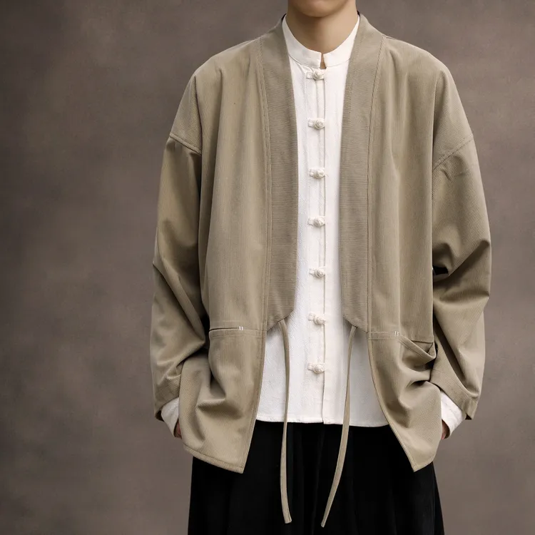 复古文艺 中国风灯芯绒改良汉服男 新中式 对襟外套 道袍茶禅意