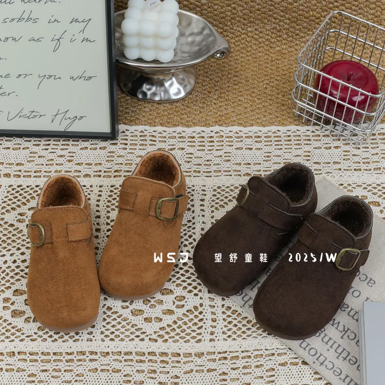 望舒家韩版女童加绒勃肯鞋2025秋冬季新款男童休闲豆豆鞋棉鞋90
