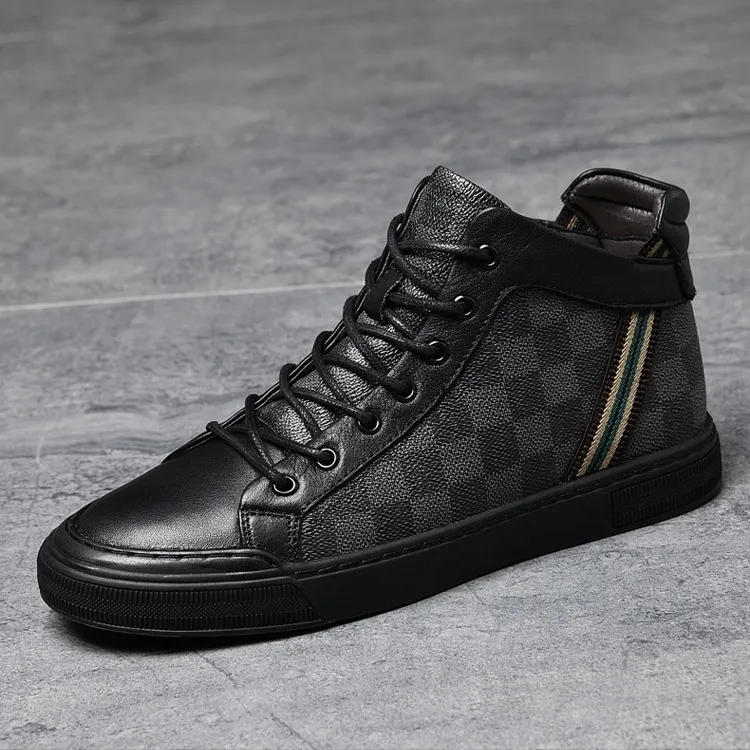 路易圣戈希男鞋高帮皮面板鞋潮鞋秋冬面格纹平底复古运动休闲鞋