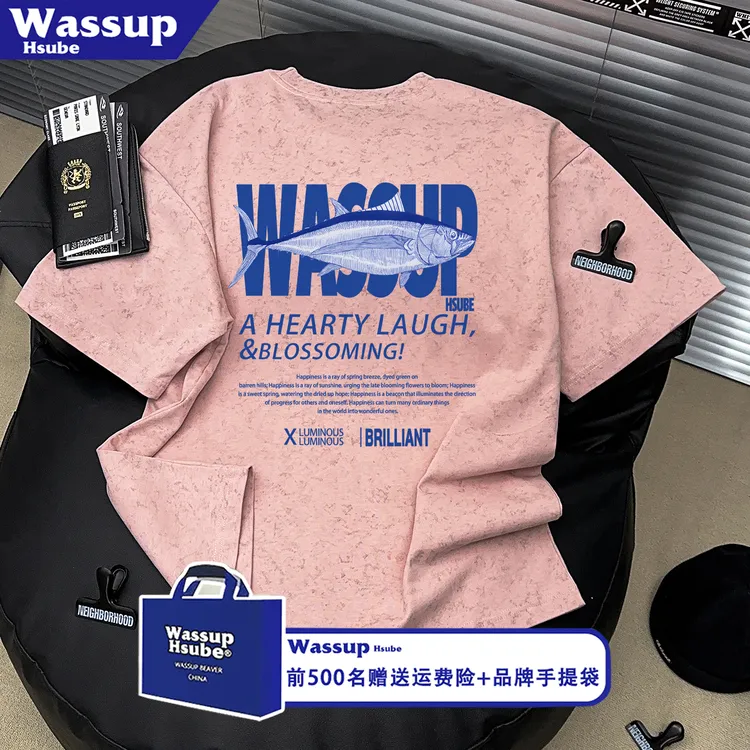 WASSUP HSUBE美式休闲印花ins风鱼短袖T恤男女宽松扎染纯棉半袖