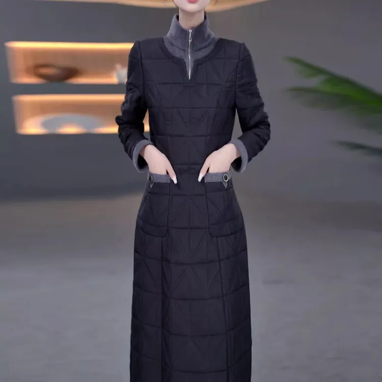 时尚长袖夹棉加厚连衣裙女2025秋冬新款妈妈洋气立领遮肉显瘦裙子
