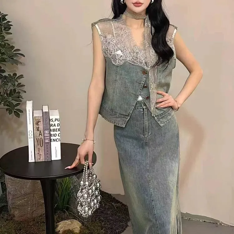 女装拼接套装上衣欧美风背心夏季休闲风时尚套装轻熟风重工