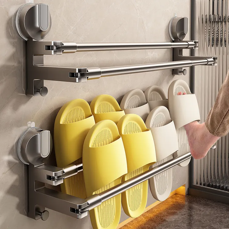 免打孔卫生间吸盘拖鞋架双杆可伸缩浴室拖鞋收纳架置物架沥水架杆