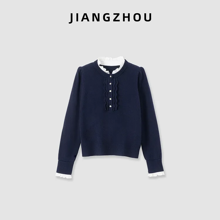 江洲【暖织】保暖秋冬新款假两件撞色木耳边半开襟长袖羊毛打底毛衣