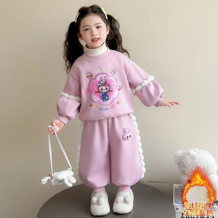 女童秋冬季加绒套装2025新款儿童洋气加厚卡通卫衣花边卫裤两件套