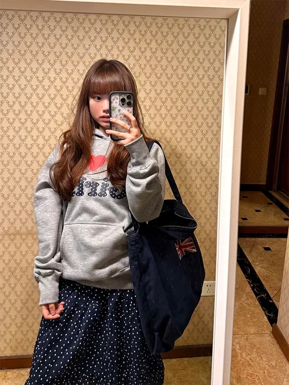 美式复古爱心字母印花设计连帽卫衣秋冬宽松oversize休闲百搭上衣