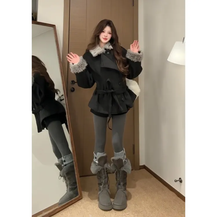 INS CEC设计感毛领加厚毛呢大衣女秋冬季新款高级感保暖外套