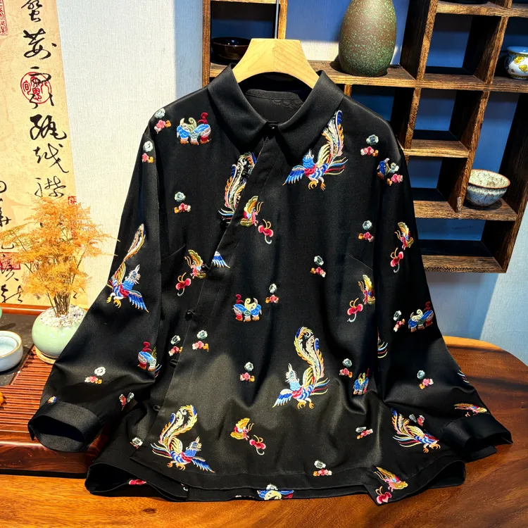 悦哲2025冬季新款国风刺绣醋酸衬衫女新中式黑色上衣时尚衬衣3508