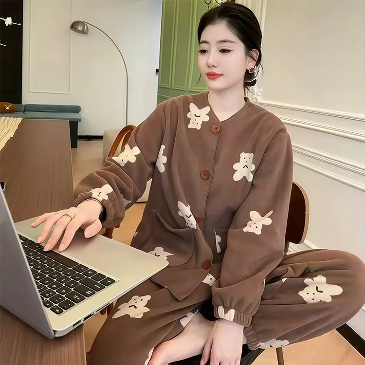 冬季保暖睡衣女长裤长袖卡通时尚印花舒适透气家居服套装可外穿