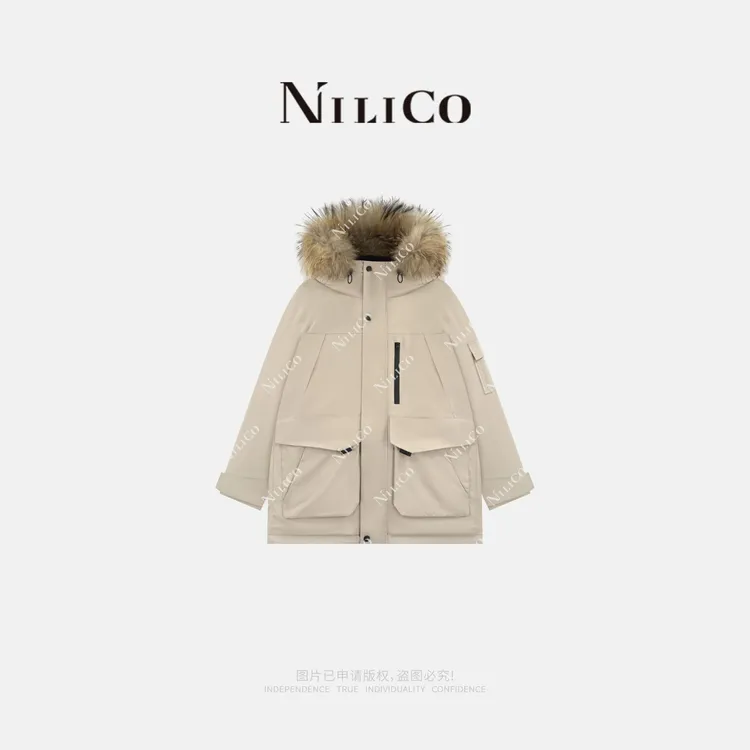 NILICO【暖洋洋】时尚设计感工装户外连帽貉子毛领鹅绒服外套