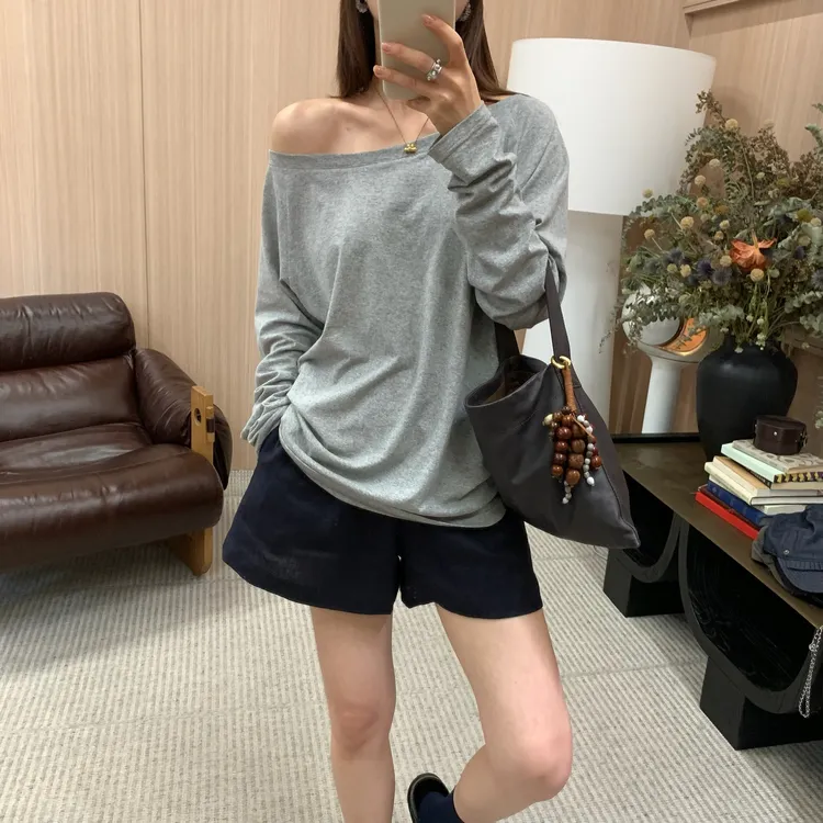 ByJunjun【欧尼斜肩】斜肩一字领长袖T恤夏季宽松百搭上衣