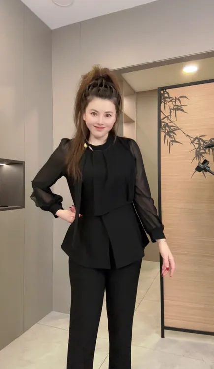 【婷婷】2025春夏新款时尚名媛气质修身显瘦2583优雅大方拼纱套装