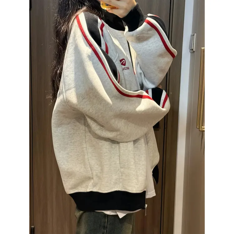 美式撞色条纹插肩设计感棒球服立领外套女春秋夹克慵懒风拉链卫衣