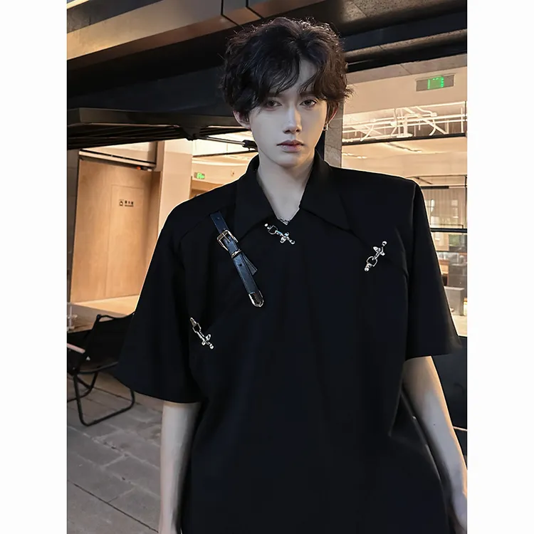 金属皮带扣设计感垫肩T恤男夏季男模穿搭PoLo衫短袖美式高街半袖