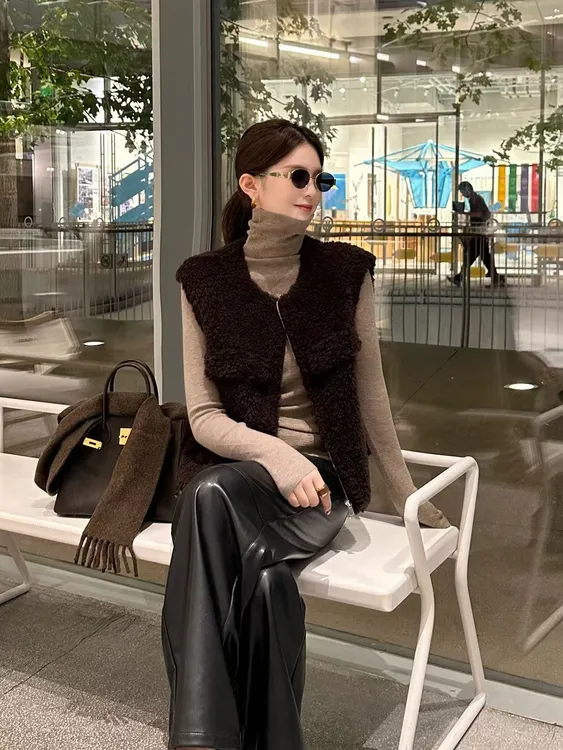 R123377W【羊毛】百搭马夹毛马甲常规款纯色复古女极简风秋冬气质