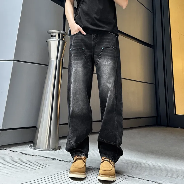 QUALCOMM美式vibe黑色铆钉伐木牛仔裤男款潮牌高街百搭宽松直筒裤