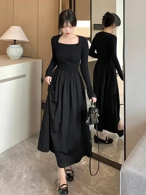赫本风小个子法式气质方领长袖连衣裙女秋季新款高腰气质连衣裙
