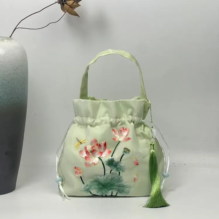 （绿色）苏绣非遗刺绣荷花大包零钱钥匙化妆品古装出门上班小拎包袋商品图