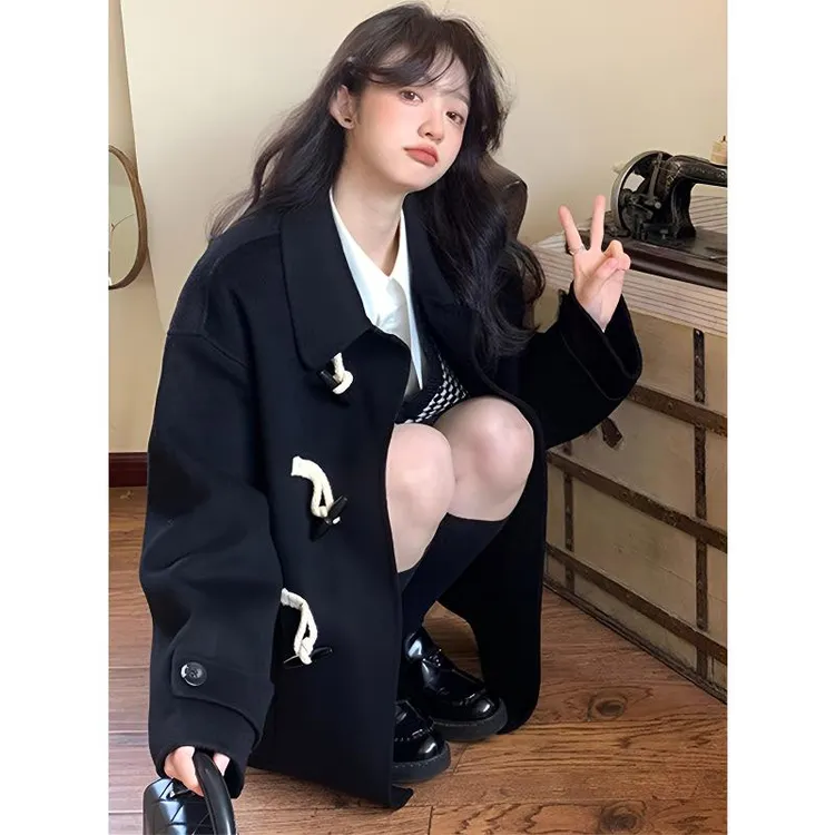300斤特大码女装韩版气质百搭牛角扣毛呢大衣女胖mm显瘦遮肉外套
