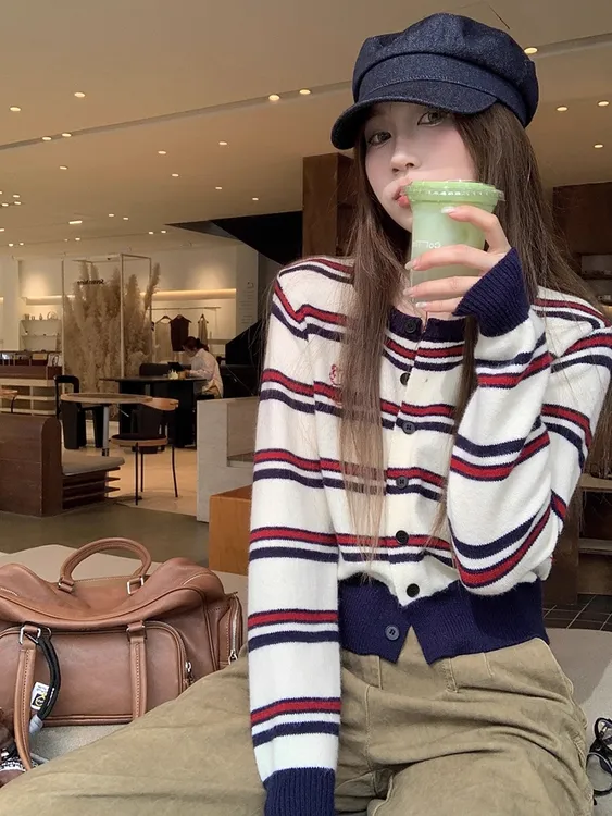 撞色条纹针织开衫女2025早秋季新款慵懒风小个子短款毛衣外套上衣
