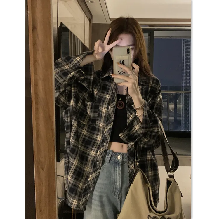 幂式穿搭格子衬衫女慵懒风复古空松衬衫衬衫女2025独特漂亮小衫