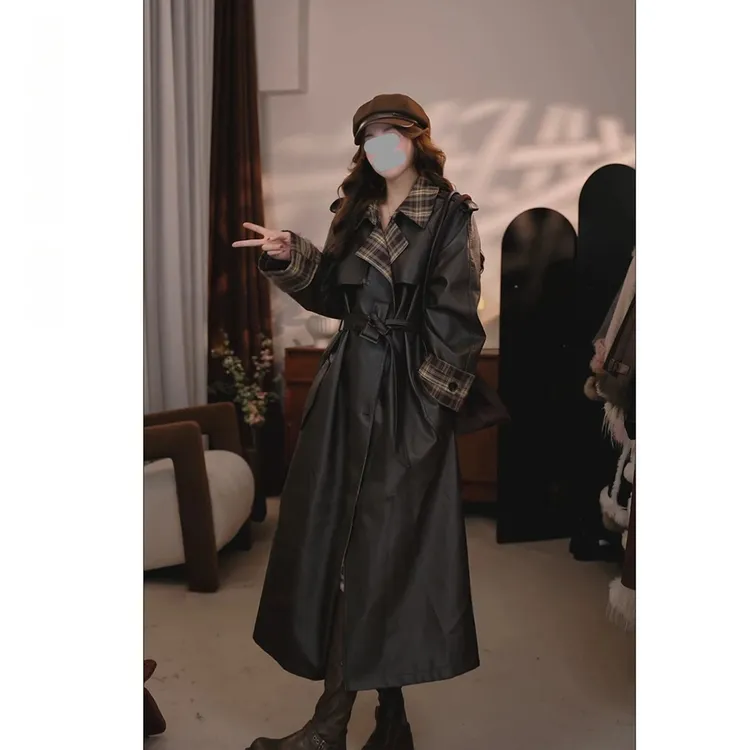 英伦风复古格子拼接风衣外套女2025春秋新款大衣收腰显瘦开衫上衣