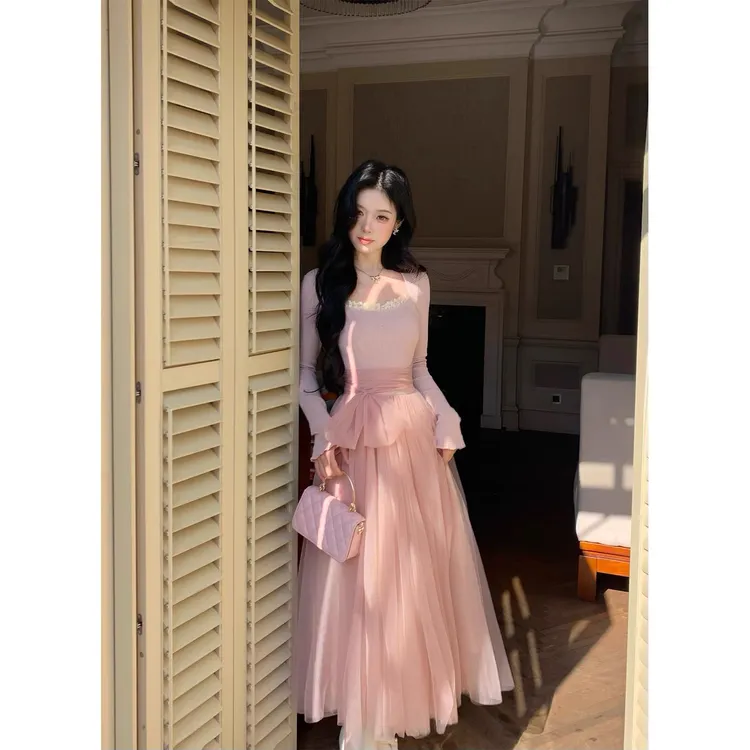 Blovelan胡桃夹子 少女感温柔拼接网纱仙女风显瘦长袖连衣裙5962