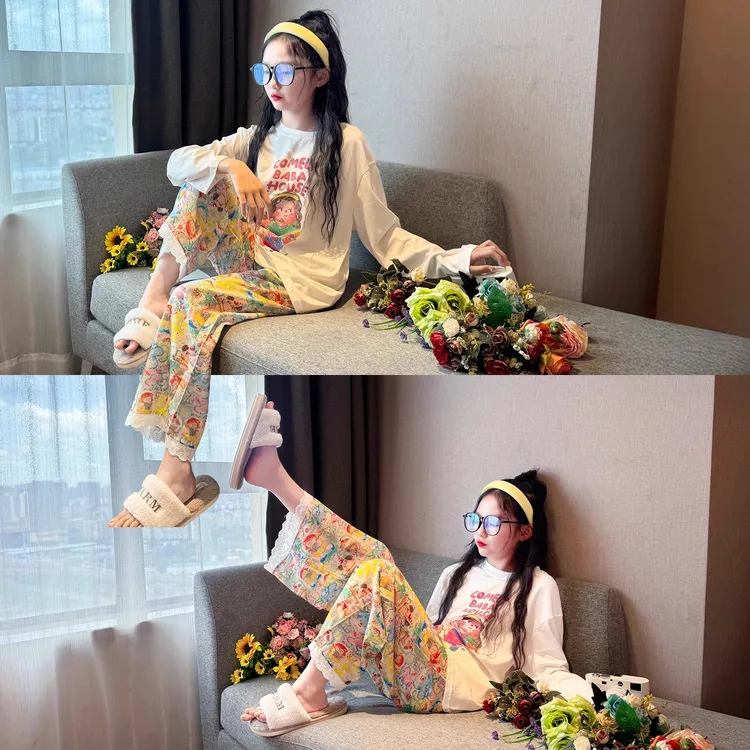 儿童ins风睡衣套装2025新款初中生长袖纯棉家居服女童居家可外穿