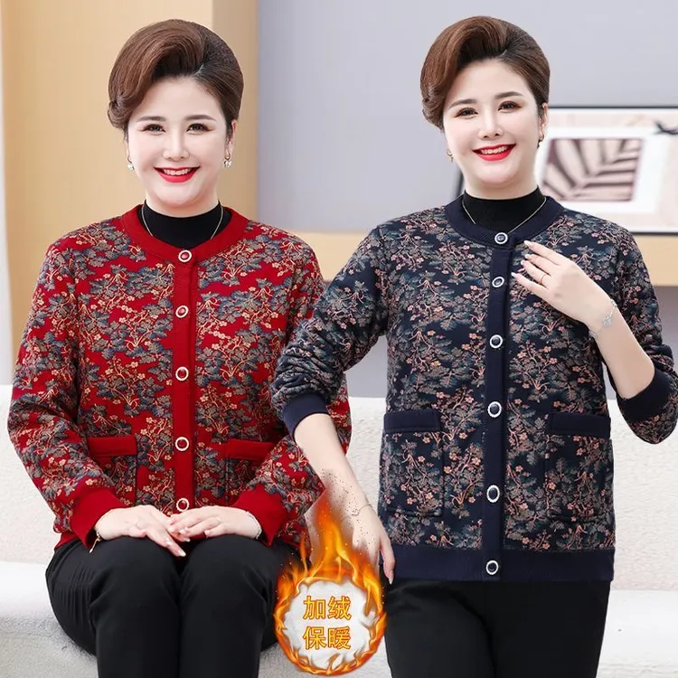 中老年人秋冬保暖上衣女奶奶加绒加厚老人妈妈冬季羊羔绒外套9907