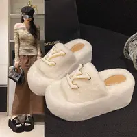 厚底增高7CM耐磨修面皮秋冬季一字拖韩版毛拖居家平底百搭毛毛鞋