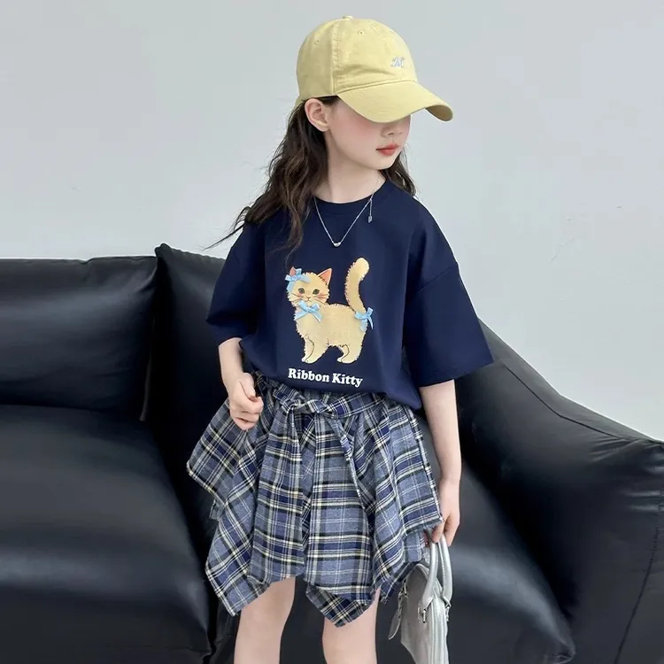 女童短袖套装2025新款夏季超好看女孩卡通T恤不规则格子半身裙裤9