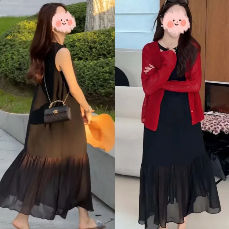夏季新款百褶黑色无袖连衣裙网红常规吊带裙女装+百搭圆领防晒衫