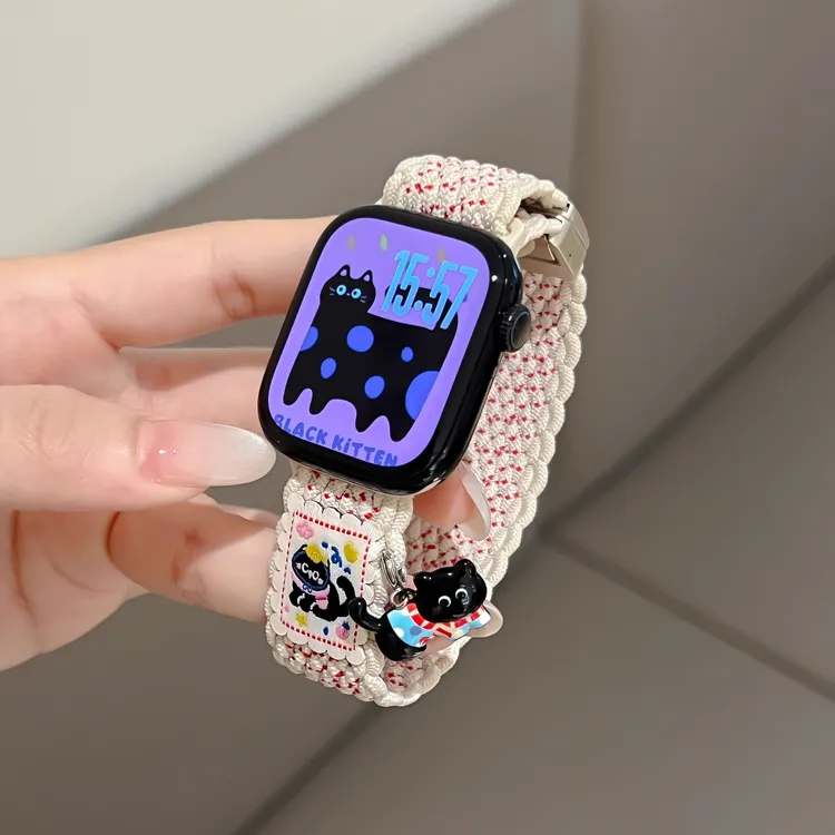 适用苹果iwatchS11手表表带S10挂饰小猫s9s8s7尼龙编织新款磁吸扣