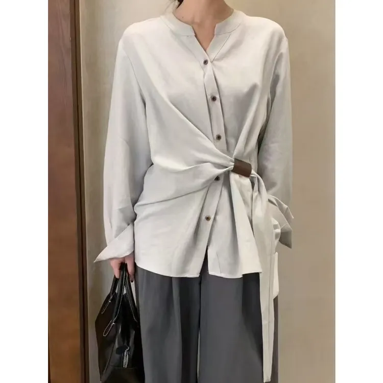 韩系显瘦气质V领宽松百搭设计感休闲长袖皮扣小衫女上衣小众衬衣