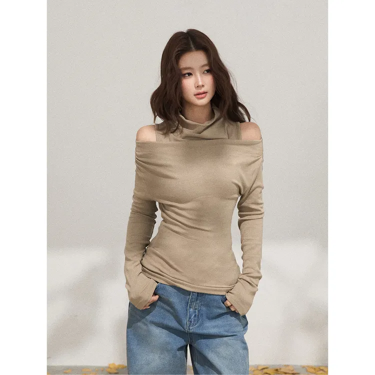 谢不肉 真两件叠穿堆堆领T恤女秋一字肩韩版休闲修身上衣50618