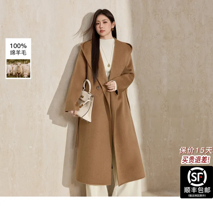 蓝语大码高级感休闲连帽呢子大衣25冬季新款100%绵羊毛中长款外套