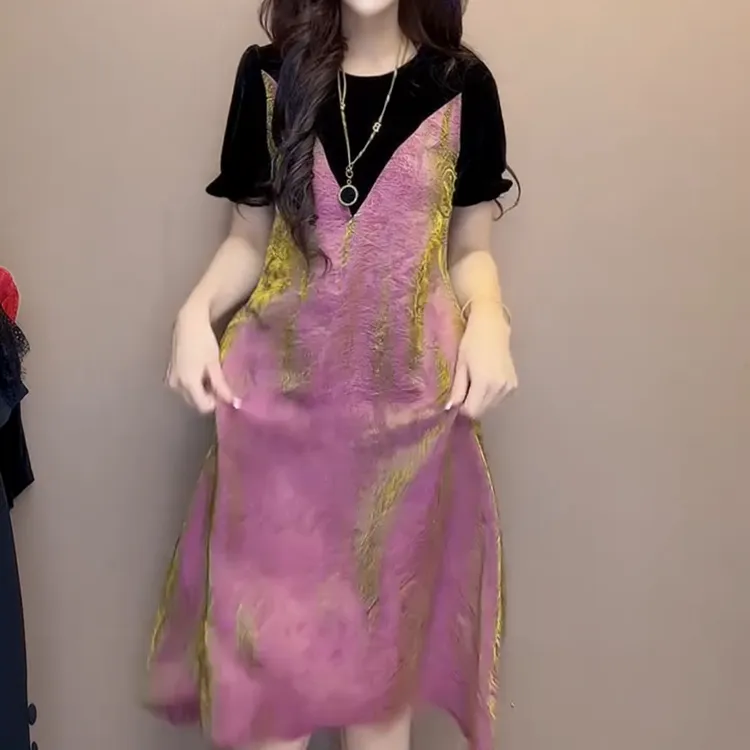 夏季半袖拼接丝绒收腰显瘦中长款简约大气连衣裙