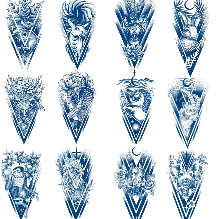 中国风复古纹身贴纸十二生肖半永久个性草本纹身贴防水持久不反光