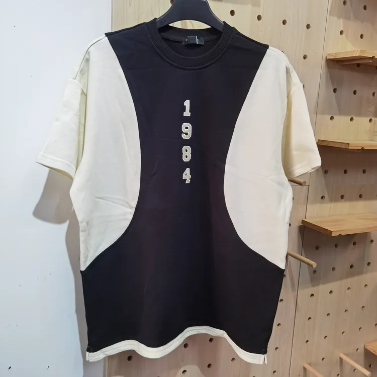 美式宽松嘻哈高克重落肩拼接毛圈运动休闲针织圆领短袖t恤 开学季