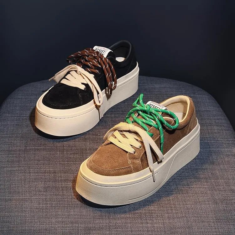 厚底复古板鞋女2025春季新款百搭皮面松糕单鞋子系带圆头休闲女鞋