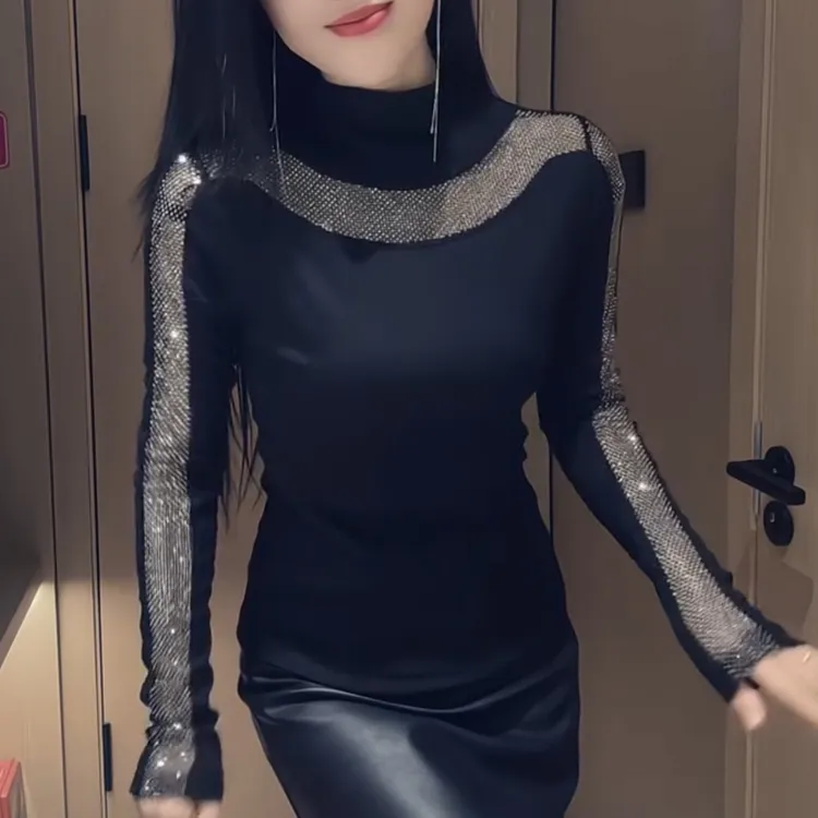 春季新款烫钻拼接长袖修身百搭显瘦上衣