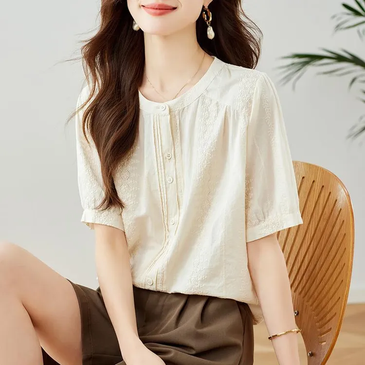 法式圆领短袖高端刺绣衬衫女2025夏新款宽松衬衣时尚漂亮小衫上衣