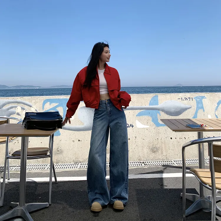 现货浅色阔腿牛仔裤2025秋冬新款复古高腰宽松显瘦垂感直筒拖地裤