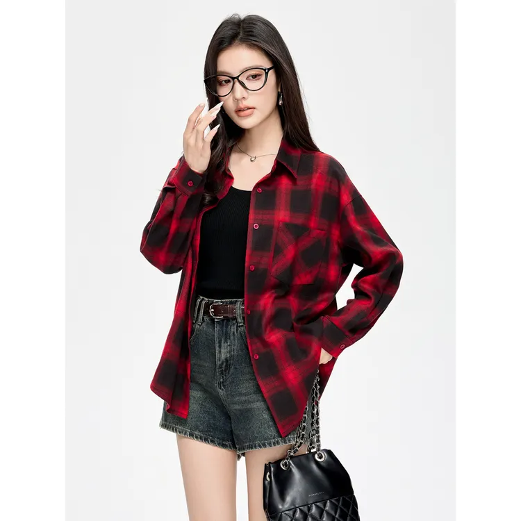 复古2025翻领红色格子衬衫外套女长袖秋季宽松显瘦外穿上衣流光风