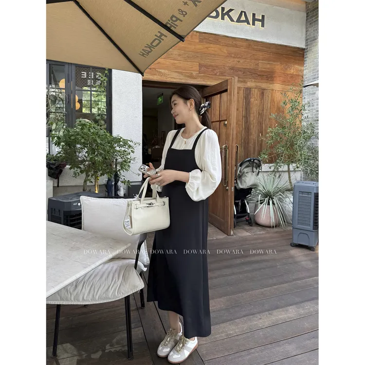 现货大婉酱微胖定制【懒人画廊】背带假两件拼接连衣裙秋长裙 9500D