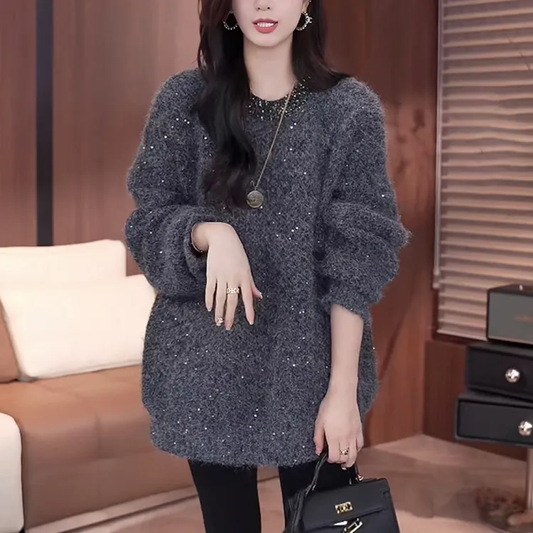 灰色亮片毛衣女秋冬季加厚慵懒风宽松中长款遮屁股打底针织衫上衣